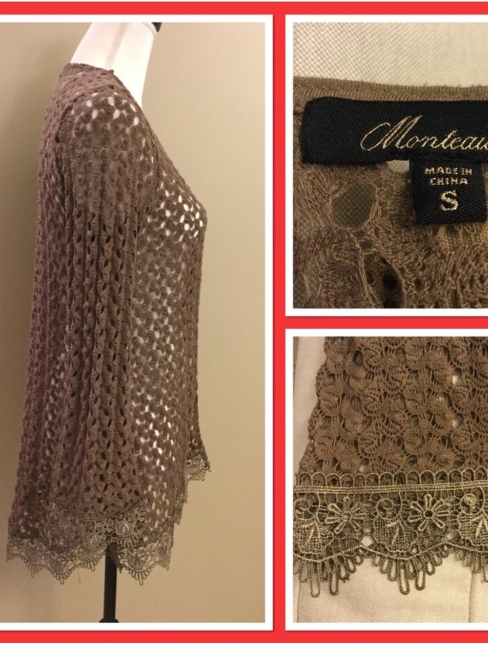 MONTEAU Boho Open Knit Duster Crochet Cardigan Tan Lace Trim Size SM Festival